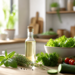 Huile végétale, herbes fraîches et salade dans une cuisine lumineuse