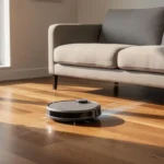 Aspirateur robot circulant sur le parquet d’un salon