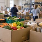 Bénévoles triant des denrées alimentaires dans des cageots